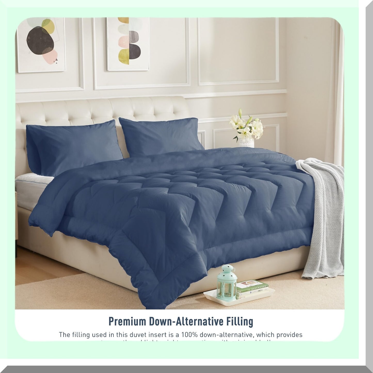 Navy Blue Cotton All Season Duvet Insert - Quilted Fluffy Down Alternative Comforter - Lightweight & Breathable - 8 Corner Tabs - Soft & Cozy