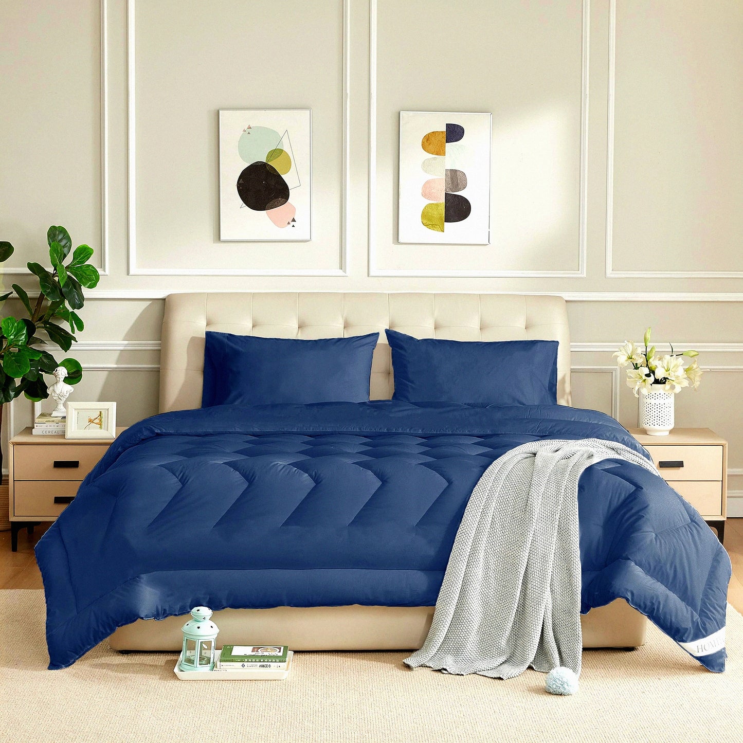 Navy Blue Cotton All Season Duvet Insert - Quilted Fluffy Down Alternative Comforter - Lightweight & Breathable - 8 Corner Tabs - Soft & Cozy