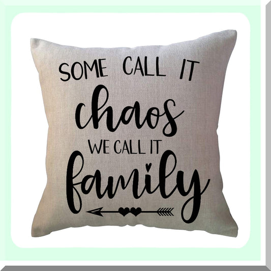 Family Chaos Farmhouse Pillow - Rustic 18x18 Inch Decorative Cushion Cover with Country Words for Sofa/Couch/Porch - Home Quotes Throw Pillow