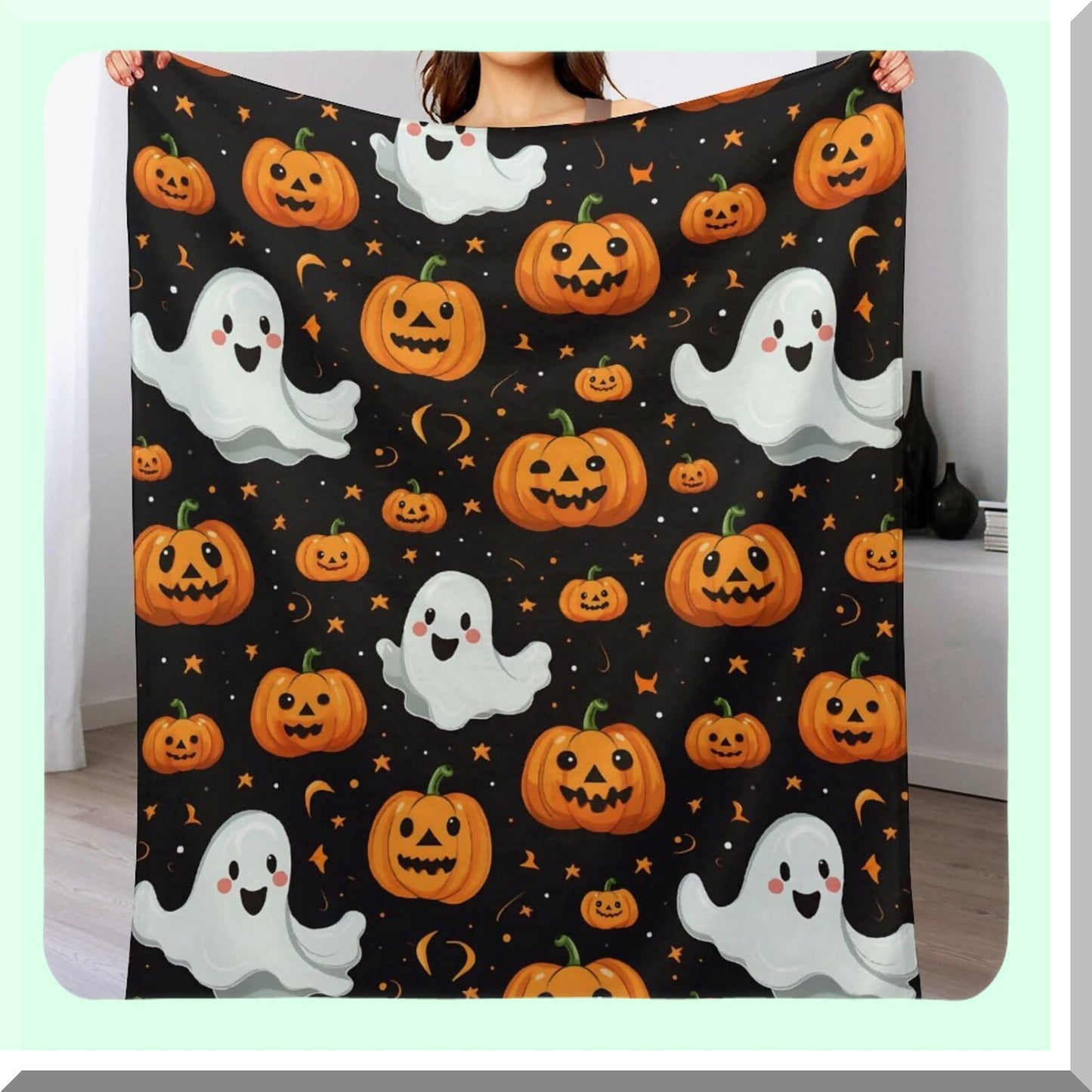 CozyPumpkin Flannel Fleece Blanket - Soft, Warm, Fluffy Plush Throw with Spider Webs, Black Bats & Decorated Pumpkins Print for Bed, Couch, Chair, Living Room (40x30in)