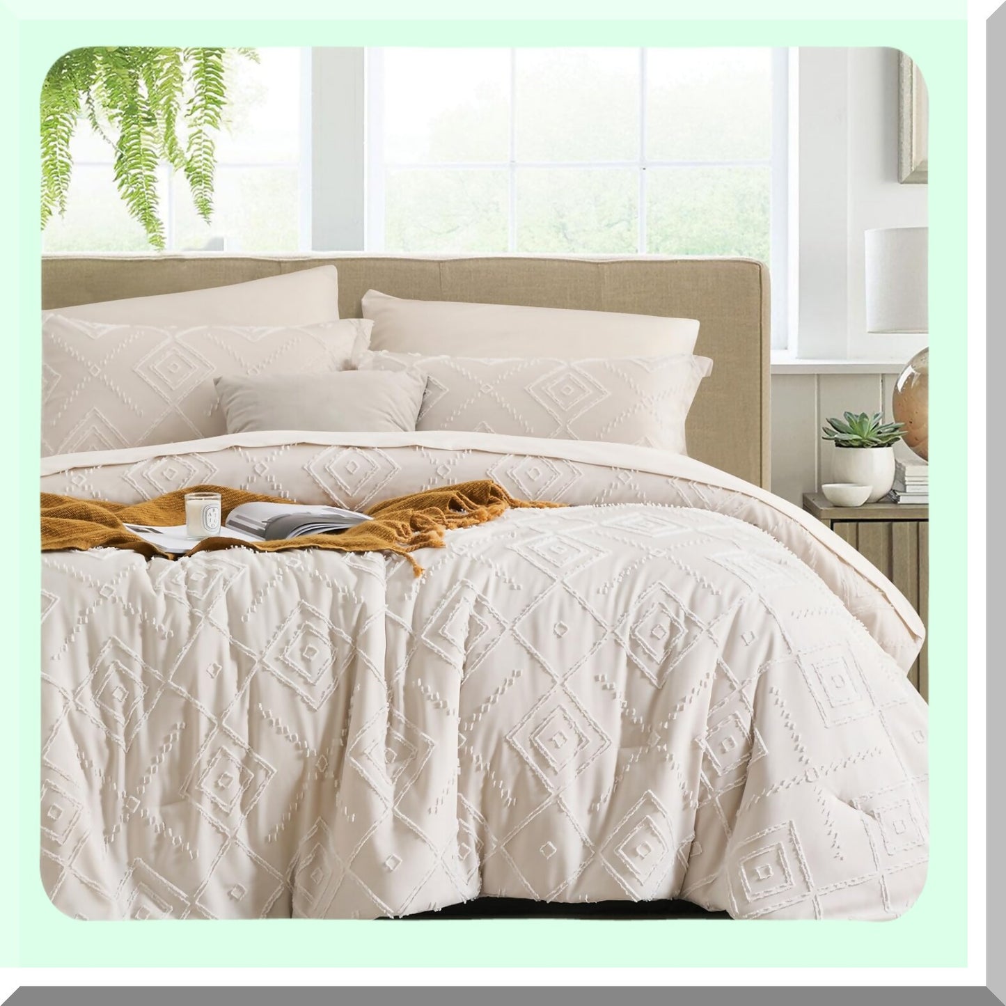 Boho Chic Beige Queen Comforter Set - 7 Piece Bedding Bundle with Soft Microfiber Sheets - All Season Shabby Chic Bed in a Bag