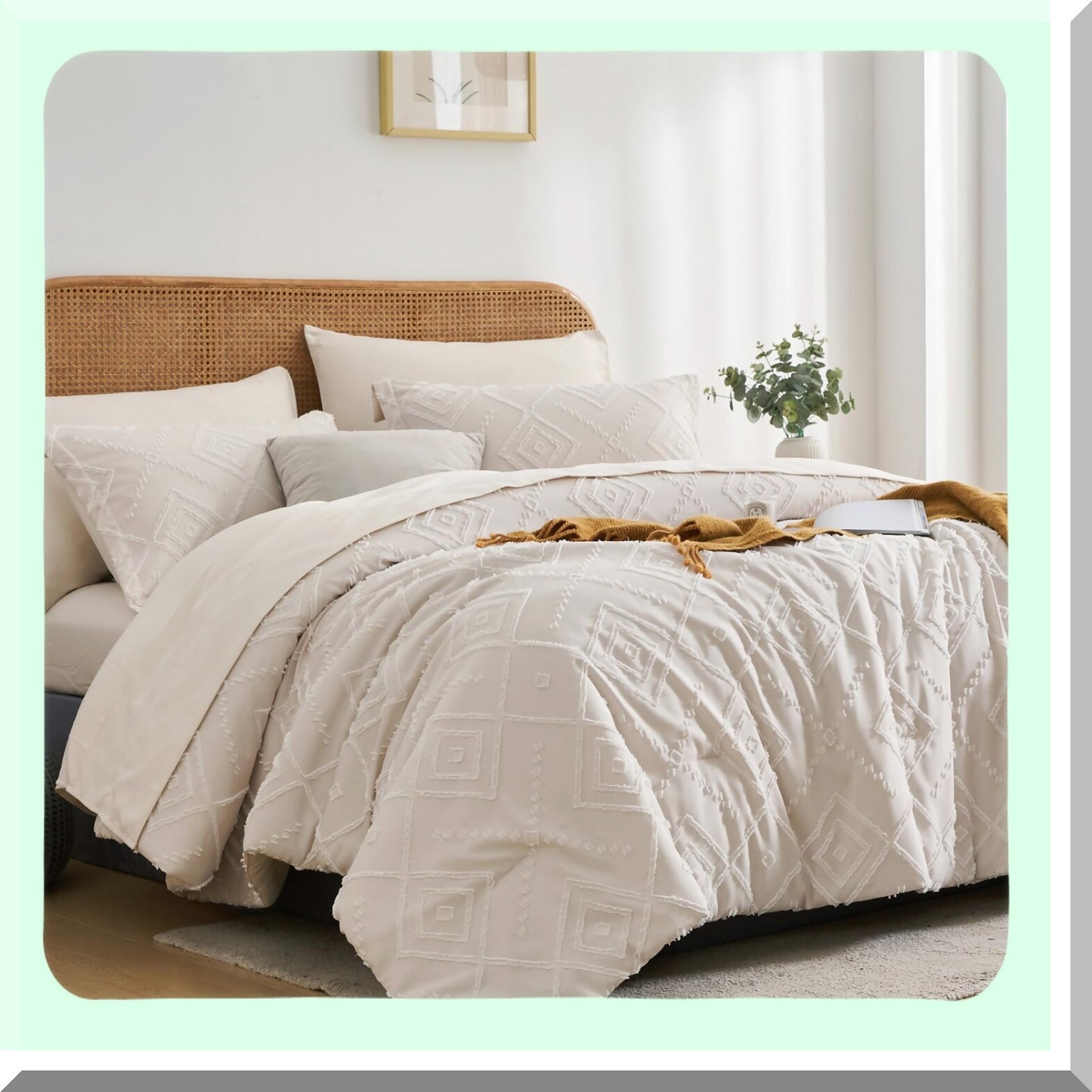 Boho Chic Beige Queen Comforter Set - 7 Piece Bedding Bundle with Soft Microfiber Sheets - All Season Shabby Chic Bed in a Bag