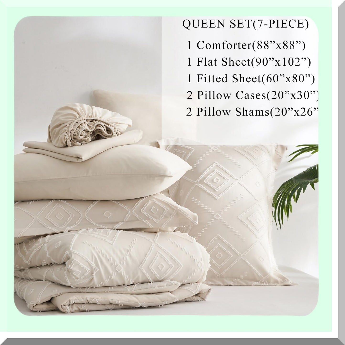 Boho Chic Beige Queen Comforter Set - 7 Piece Bedding Bundle with Soft Microfiber Sheets - All Season Shabby Chic Bed in a Bag