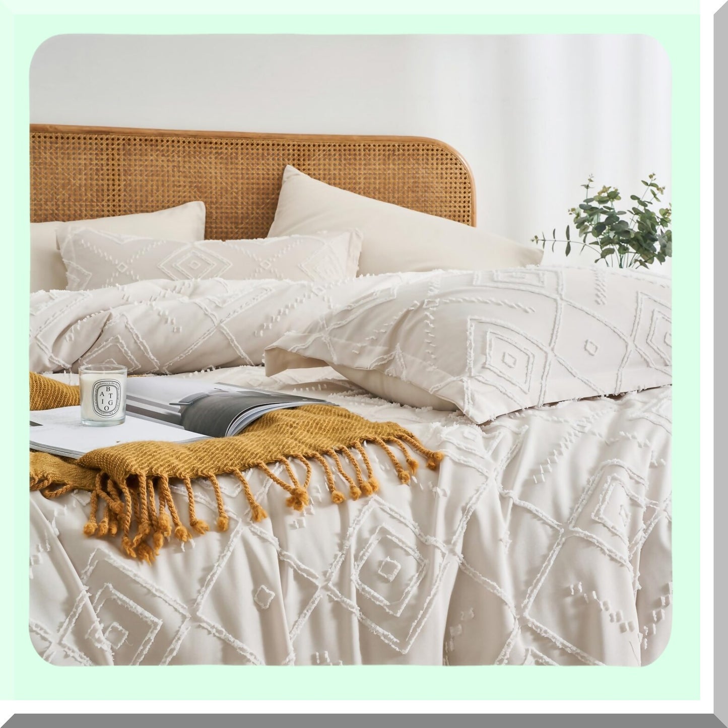 Boho Chic Beige Queen Comforter Set - 7 Piece Bedding Bundle with Soft Microfiber Sheets - All Season Shabby Chic Bed in a Bag