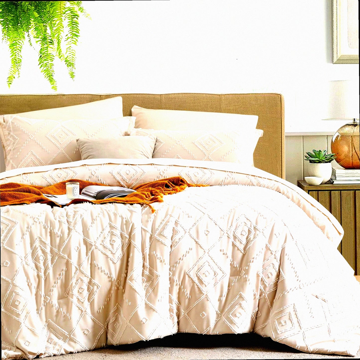 Boho Chic Beige Queen Comforter Set - 7 Piece Bedding Bundle with Soft Microfiber Sheets - All Season Shabby Chic Bed in a Bag