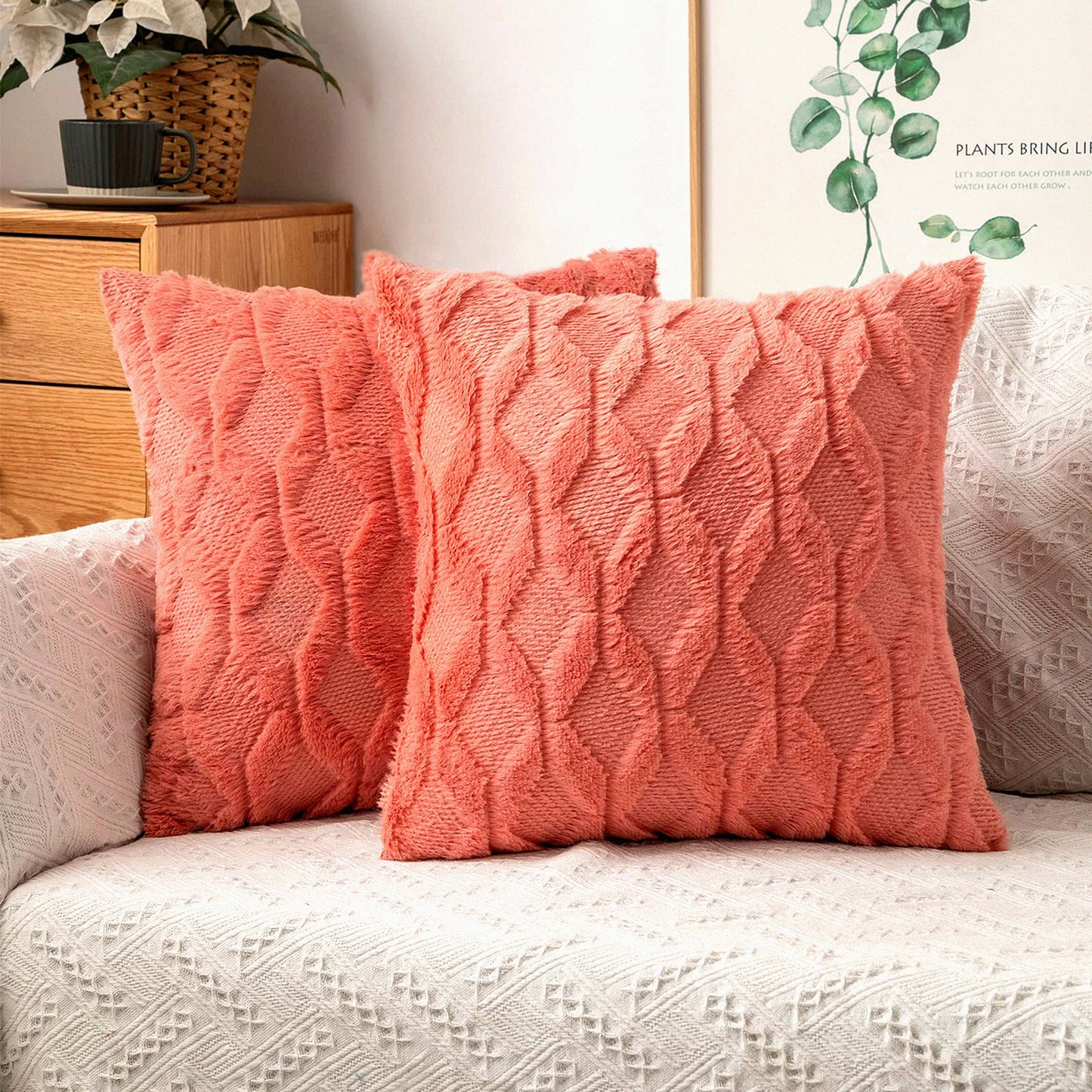 Spring Shells Wool Pillowcase Set - Coral Red 18x18 Decorative Throw Pillow Covers for Farmhouse Couch, Boho Bedroom & Living Room Sofa - Soft Plush Texture