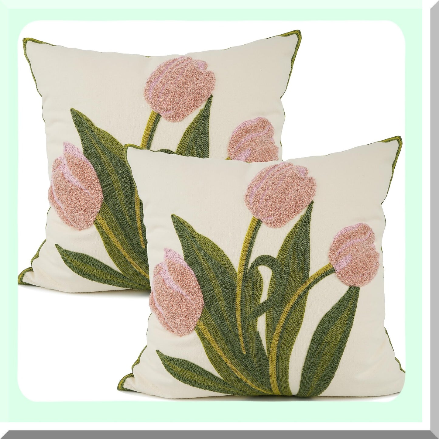 Floral Farmhouse Embroidered Pillowcase Set - Pink Tulip Decorative Throw Pillow Cover for Couch, Living Room, Sofa, Bed - 18x18 Inch Pack of 2