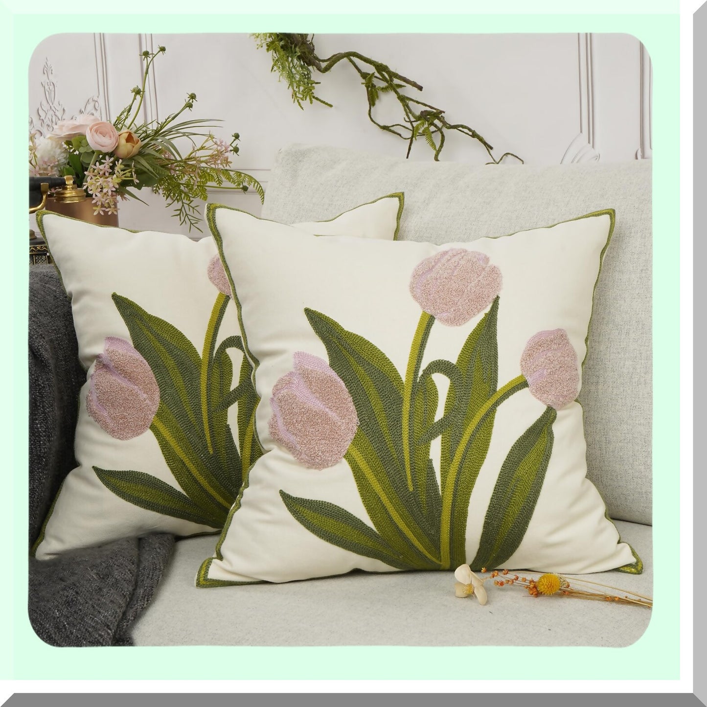 Floral Farmhouse Embroidered Pillowcase Set - Pink Tulip Decorative Throw Pillow Cover for Couch, Living Room, Sofa, Bed - 18x18 Inch Pack of 2