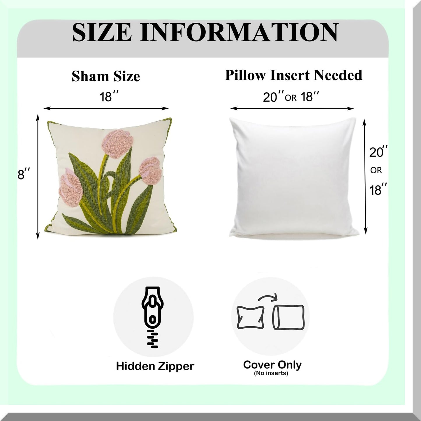 Floral Farmhouse Embroidered Pillowcase Set - Pink Tulip Decorative Throw Pillow Cover for Couch, Living Room, Sofa, Bed - 18x18 Inch Pack of 2