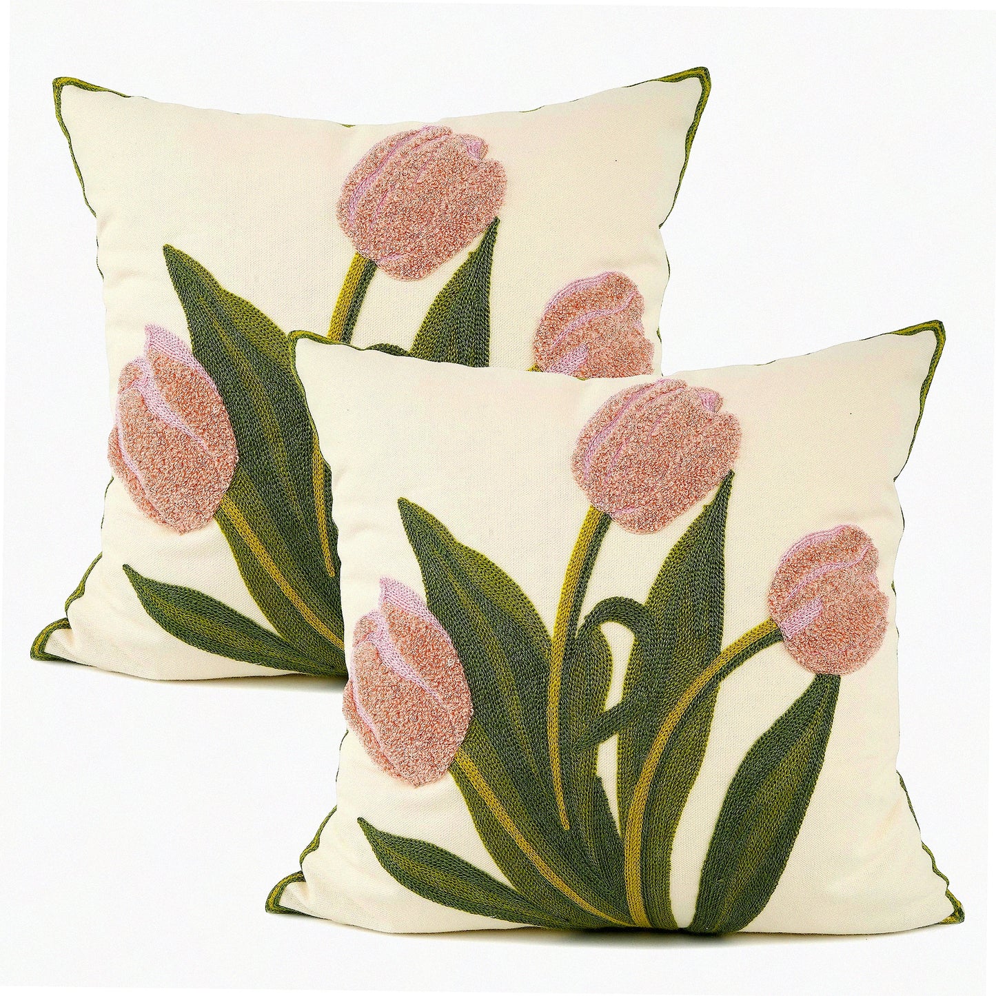 Floral Farmhouse Embroidered Pillowcase Set - Pink Tulip Decorative Throw Pillow Cover for Couch, Living Room, Sofa, Bed - 18x18 Inch Pack of 2