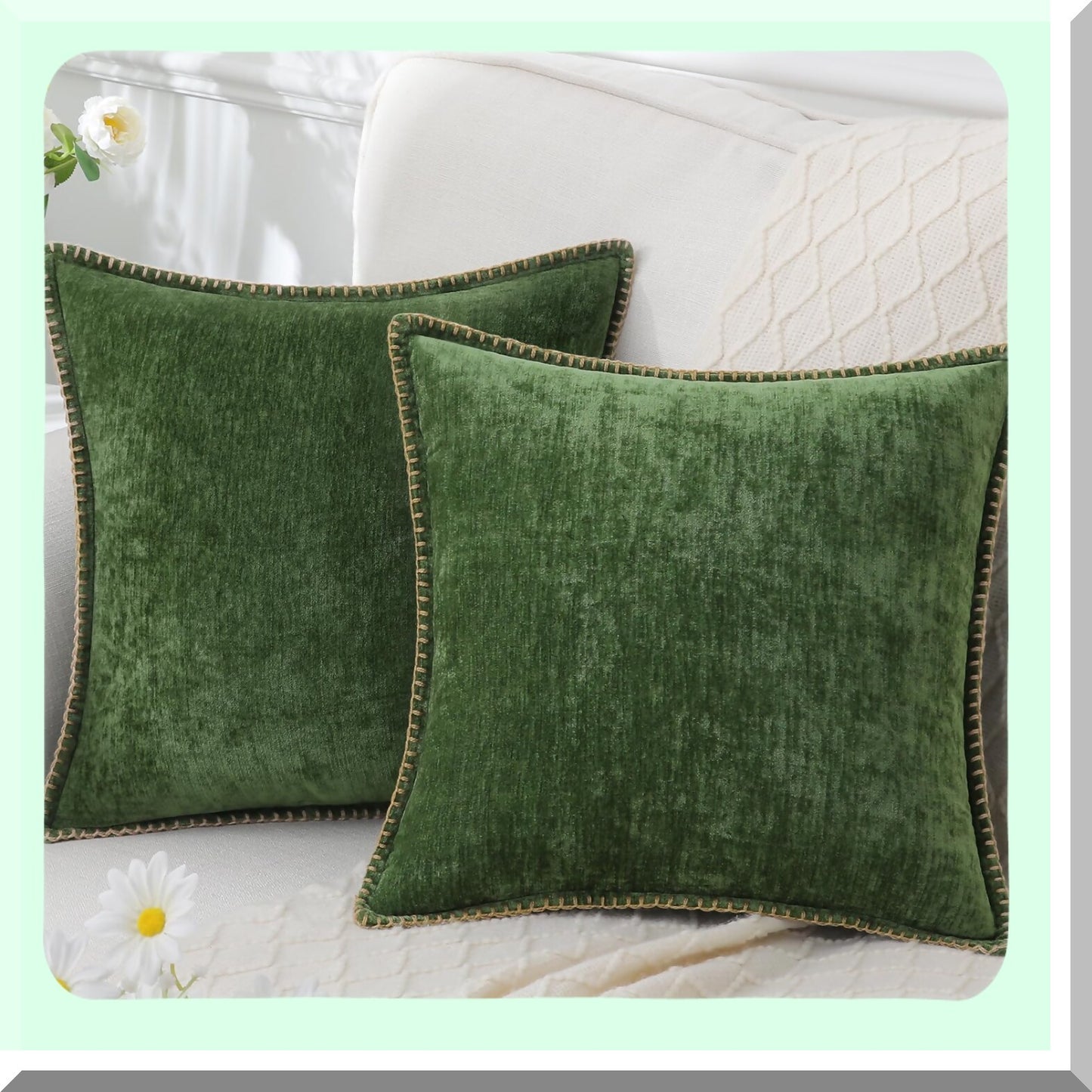 Spring Farmhouse Chenille Velvet Throw Pillow Covers - Set of 2, Decorative Square Cushion Covers with Stitched Edge for Couch Sofa Bed - Forest Elf Theme