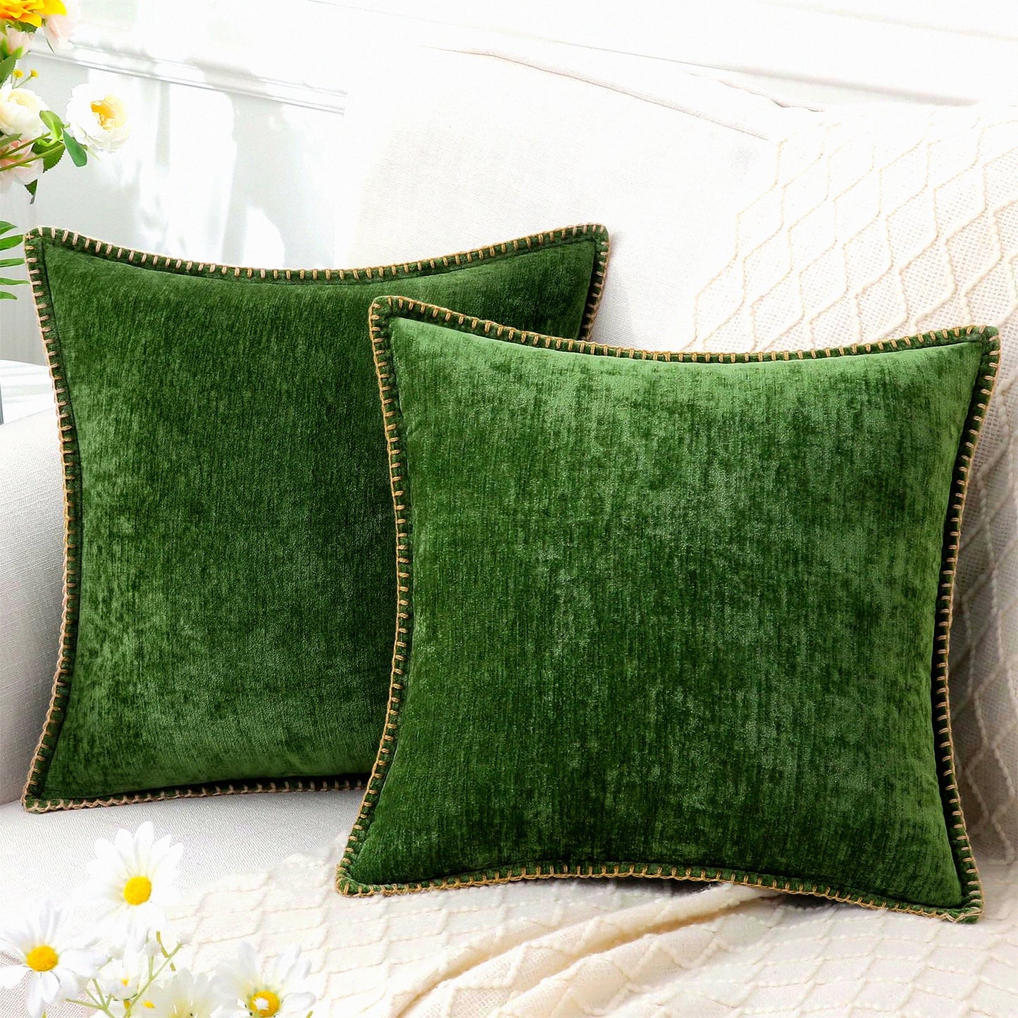 Spring Farmhouse Chenille Velvet Throw Pillow Covers - Set of 2, Decorative Square Cushion Covers with Stitched Edge for Couch Sofa Bed - Forest Elf Theme