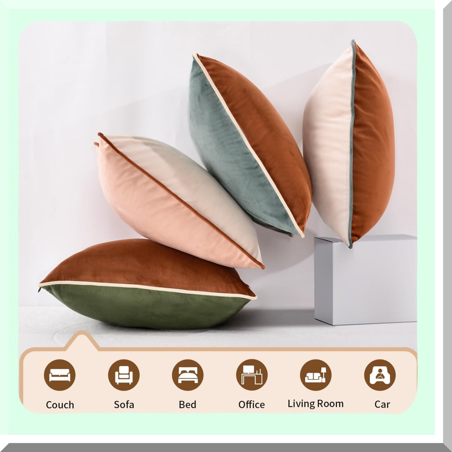 Velvet Harmony Decorative Pillow Covers - Set of 4 Modern Double-Sided Cushion Cases for Home Decor - Mix & Match Designs - Orange/Green - 12x20 inch