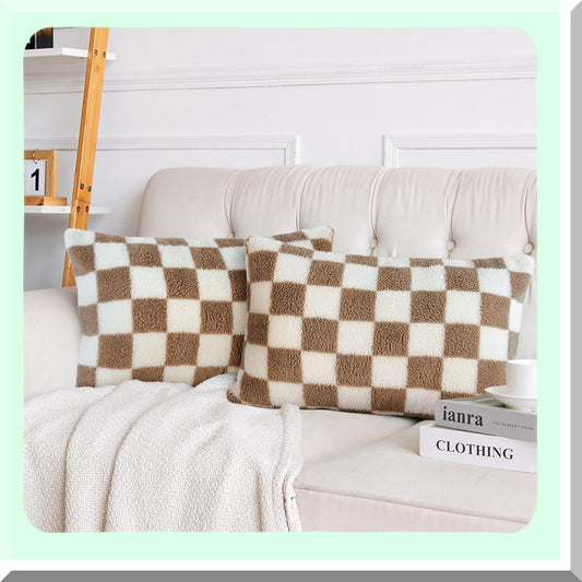 Luxury Wool Checkerboard Pillow Covers - Set of 2 Decorative Cushion Cases for Couch Sofa Bedroom - Super Soft 12 x 20-Inch Camel Throw Pillows