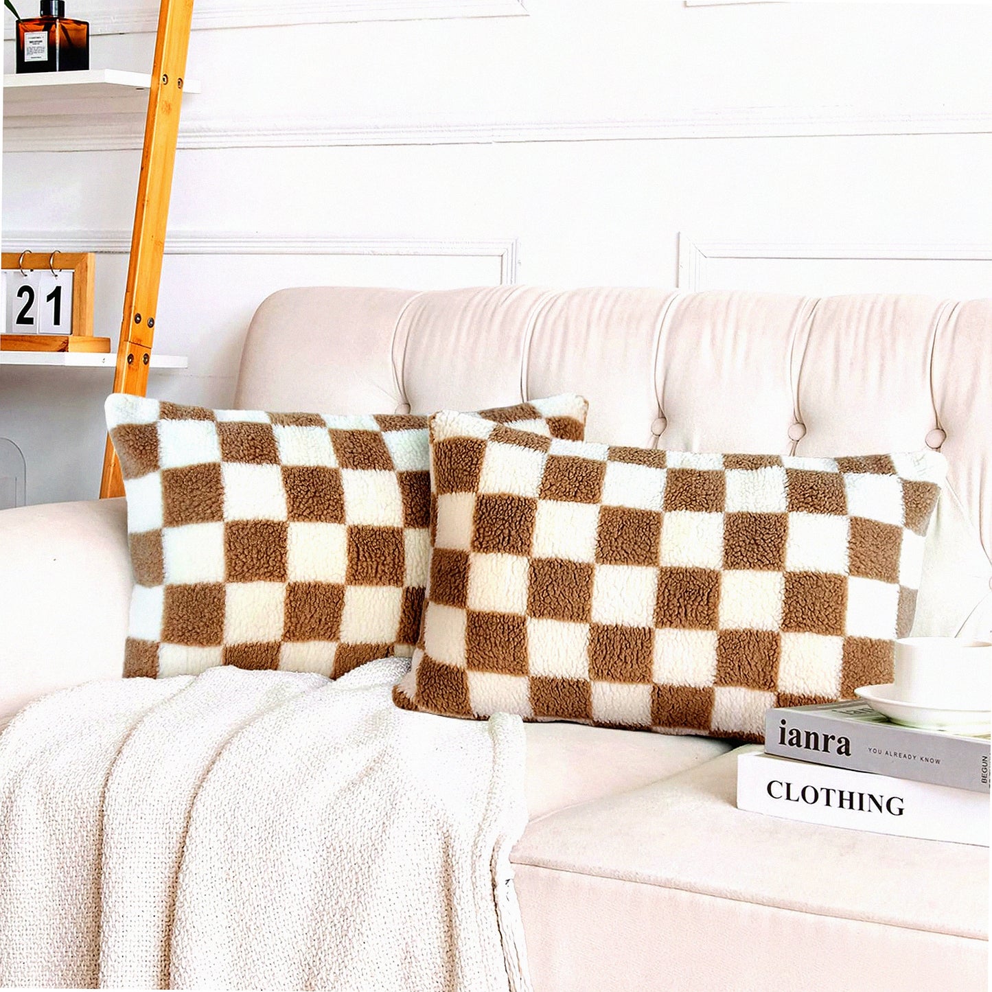 Luxury Wool Checkerboard Pillow Covers - Set of 2 Decorative Cushion Cases for Couch Sofa Bedroom - Super Soft 12 x 20-Inch Camel Throw Pillows