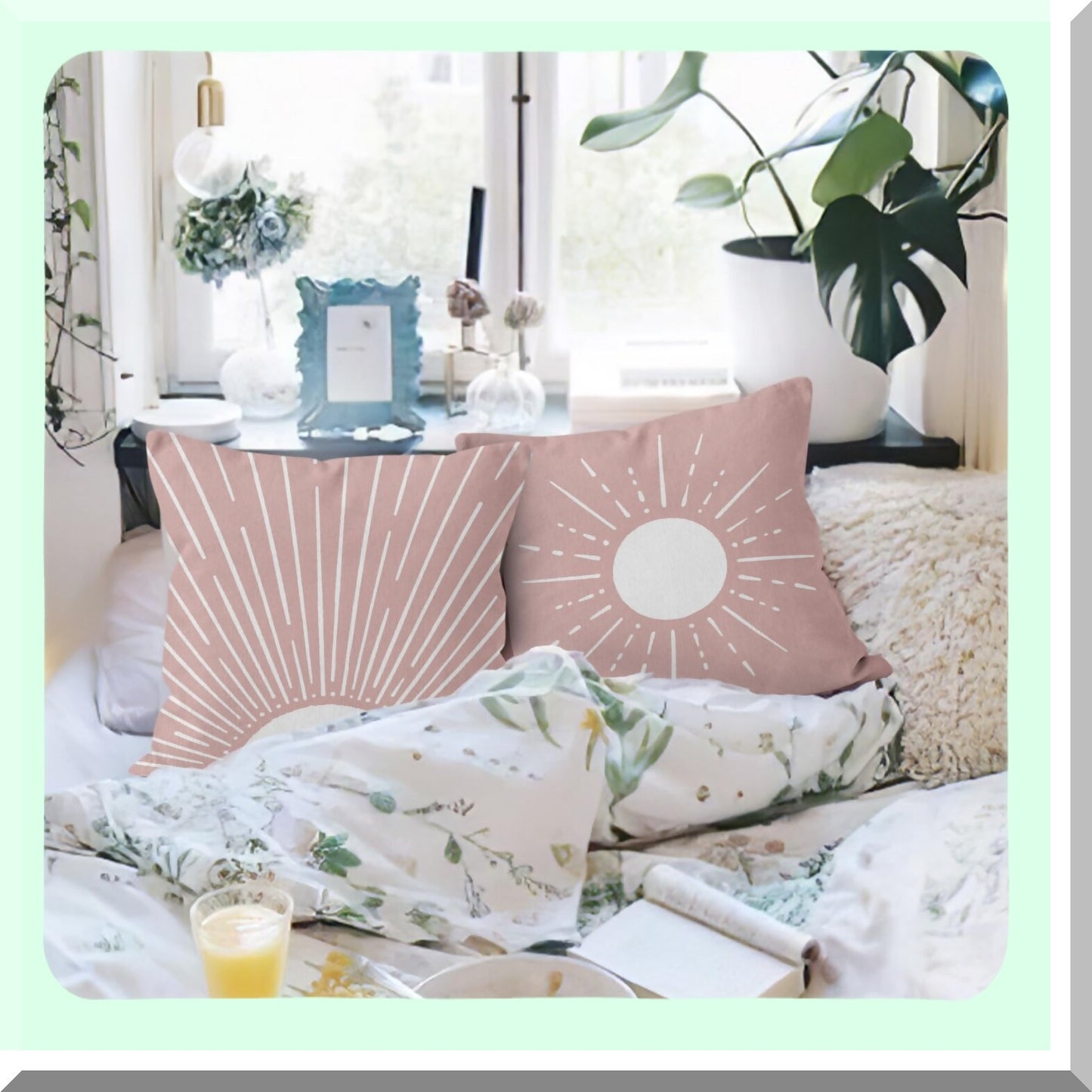 Sunrise Boho Decor Pillowcase Set - Modern Art Sun Sunshine Throw Pillow Cover for Sofa Bed Room Home Decor, Bohemia Style 18x18 Inch Pink Case (Set of 2)