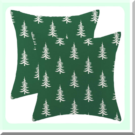 Winter Wonderland Pillow Covers - Set of 2 Green Christmas Tree Decorations Throw Pillow Covers. Perfect for Outdoor Holiday Farmhouse Decor. Cozy up your Home Couch or Sofa with these Linen Square Cushion Cases.