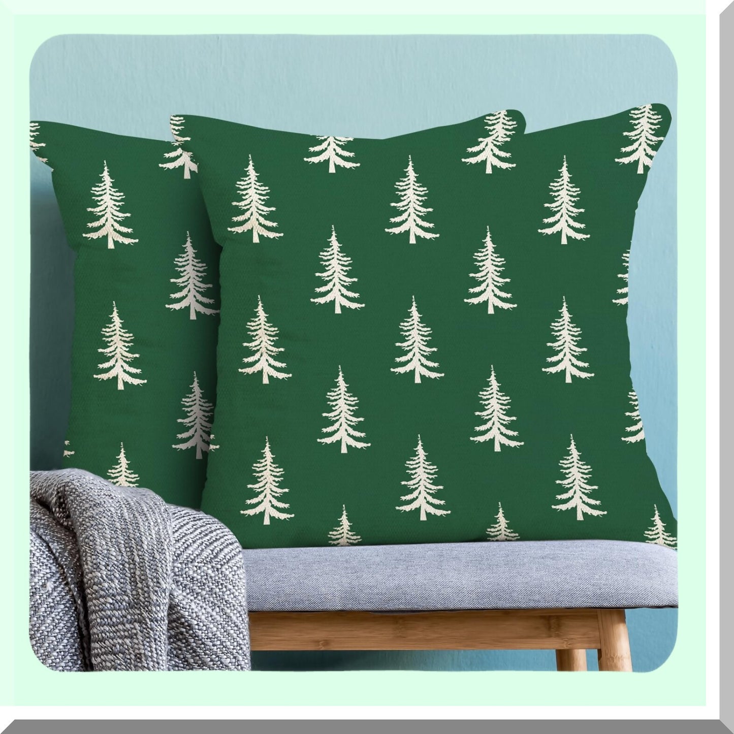 Winter Wonderland Pillow Covers - Set of 2 Green Christmas Tree Decorations Throw Pillow Covers. Perfect for Outdoor Holiday Farmhouse Decor. Cozy up your Home Couch or Sofa with these Linen Square Cushion Cases.