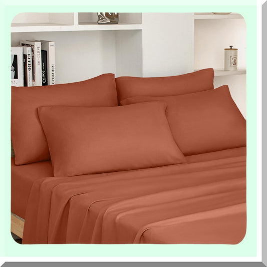 Terracotta Bliss 6-Piece Bedding Set - Queen Size Burnt Orange Sheets, Extra Soft Microfiber, Deep Pocket, Wrinkle & Fade Free - 1800 Thread Count