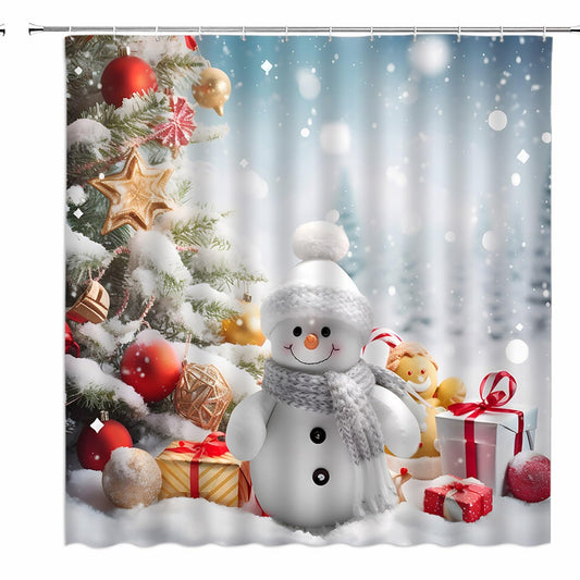 Shower Curtain Snowman Xmas Tree Colorful Balls 70x70 Inch
