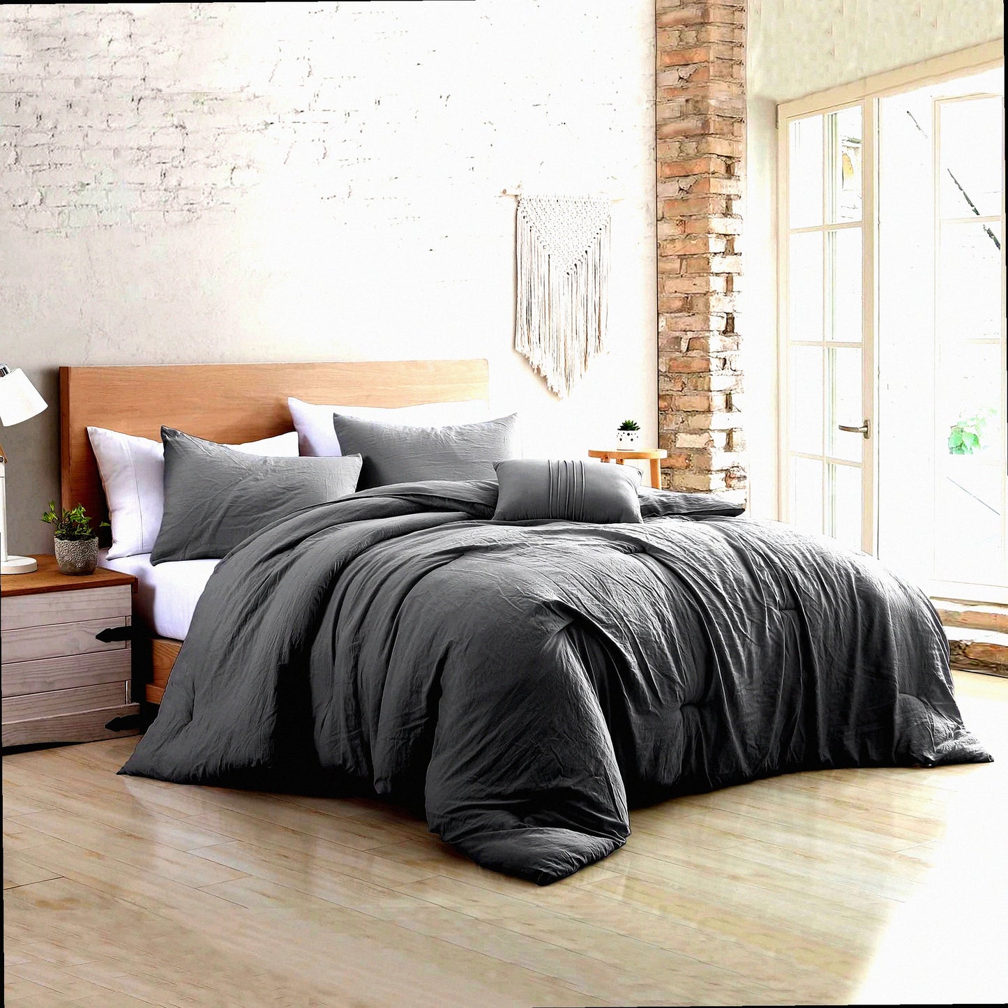 Elegant Brushed Microfiber Comforter Set - All Season Bedspread with Down Alternative Fill - Luxurious Queen Size Bedding in Grey - Includes Shams and Decorative Pillow