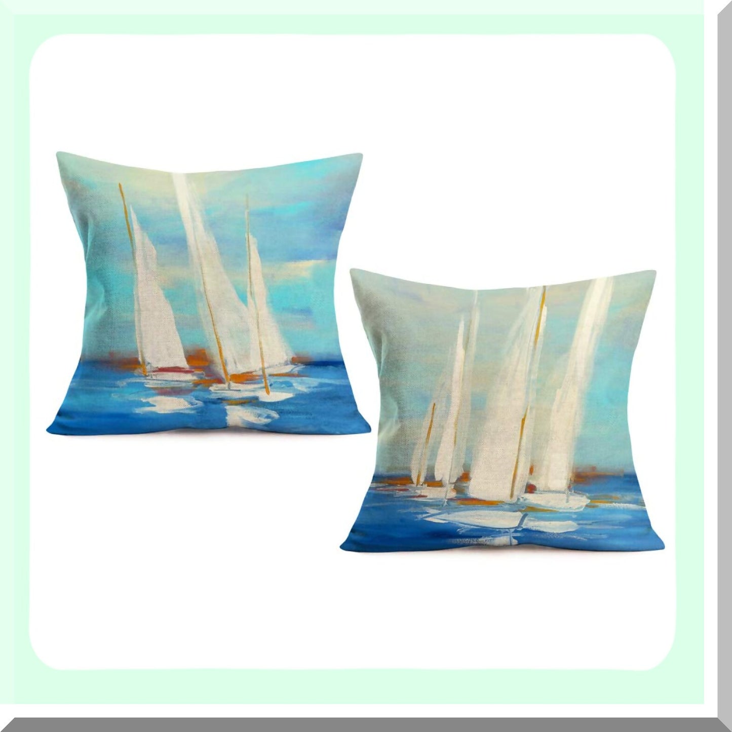 Nautical Ocean Sailboat Decor Pillow Covers - Sea Sailing Cotton Linen Painting Design Cushion Case Set for Outdoor 18" x 18" White