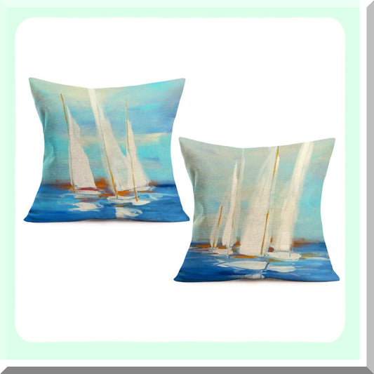 Nautical Ocean Sailboat Decor Pillow Covers - Sea Sailing Cotton Linen Painting Design Cushion Case Set for Outdoor 18" x 18" White