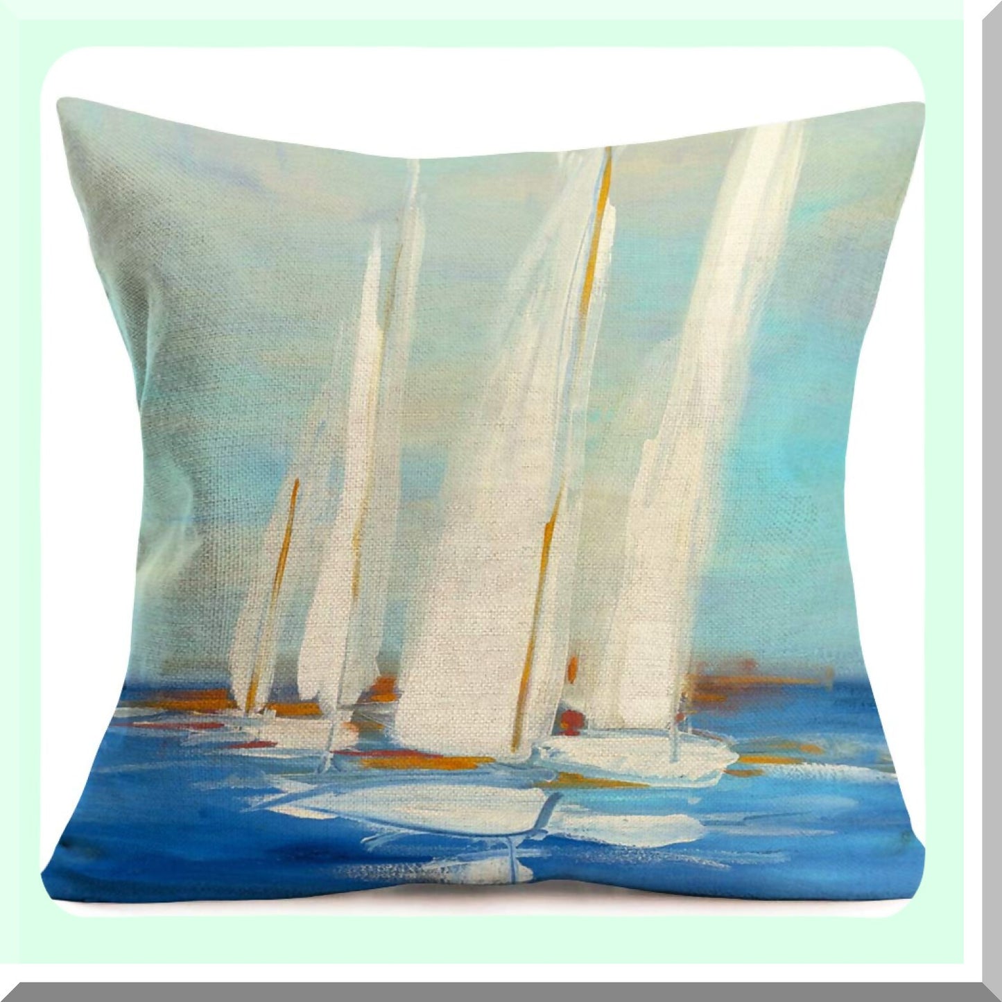 Nautical Ocean Sailboat Decor Pillow Covers - Sea Sailing Cotton Linen Painting Design Cushion Case Set for Outdoor 18" x 18" White
