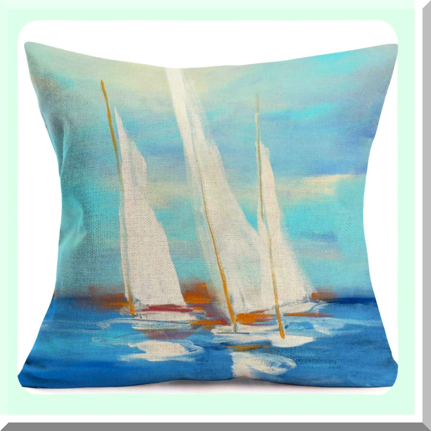 Nautical Ocean Sailboat Decor Pillow Covers - Sea Sailing Cotton Linen Painting Design Cushion Case Set for Outdoor 18" x 18" White