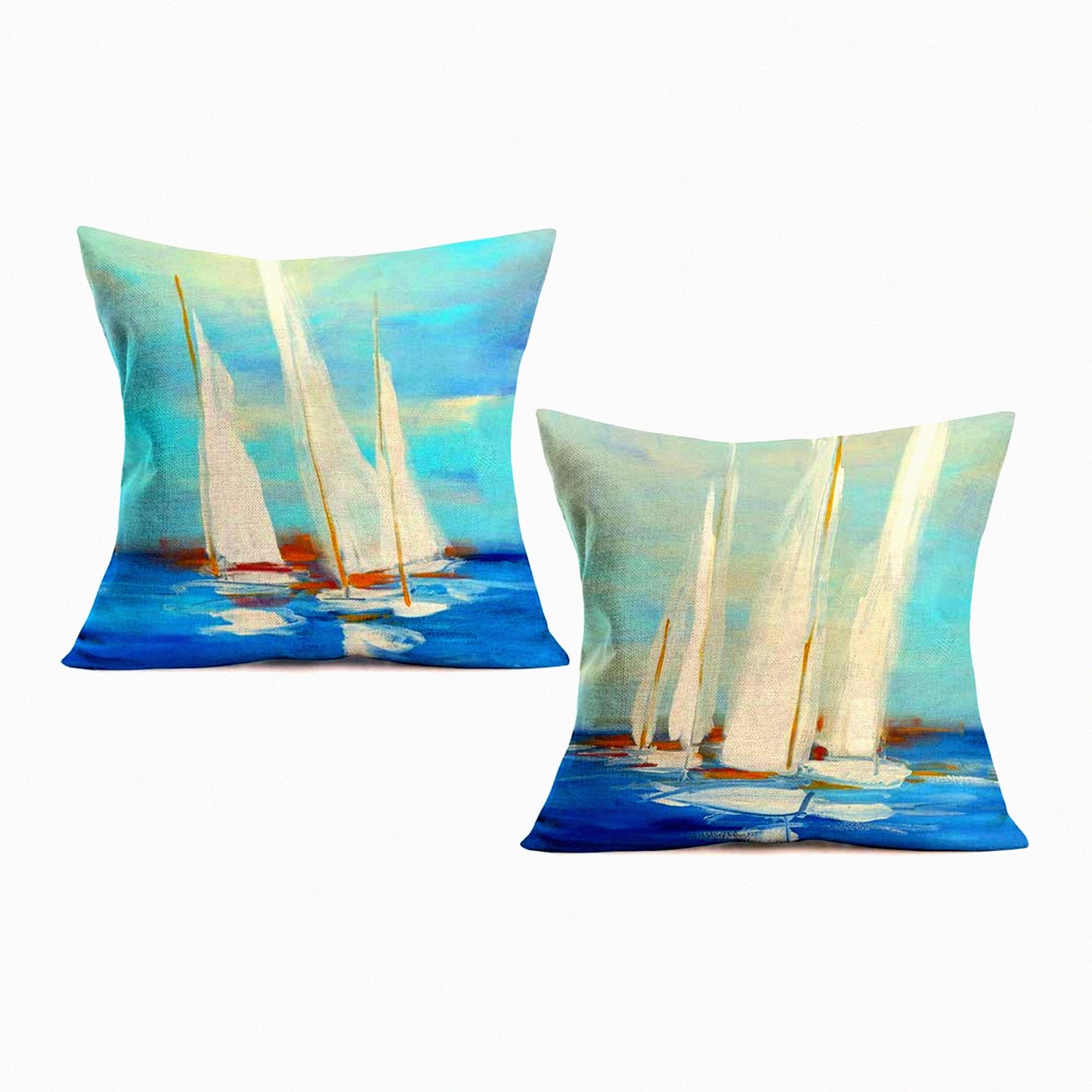 Nautical Ocean Sailboat Decor Pillow Covers - Sea Sailing Cotton Linen Painting Design Cushion Case Set for Outdoor 18" x 18" White