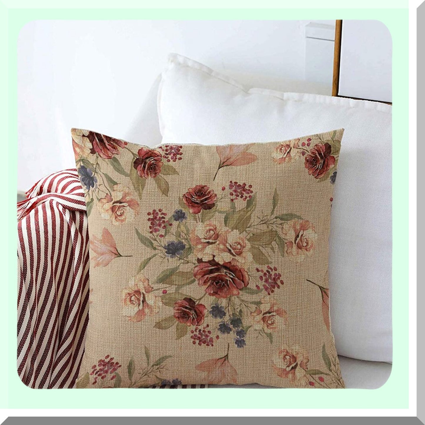 Vintage Botanical Linen Floral Throw Pillow Cover - Beige Burgundy Square Cushion Case - Modern Farmhouse Decor - Watercolor Flowers Leaves Pattern - Sofa Bedroom Car - 18x18 Inch