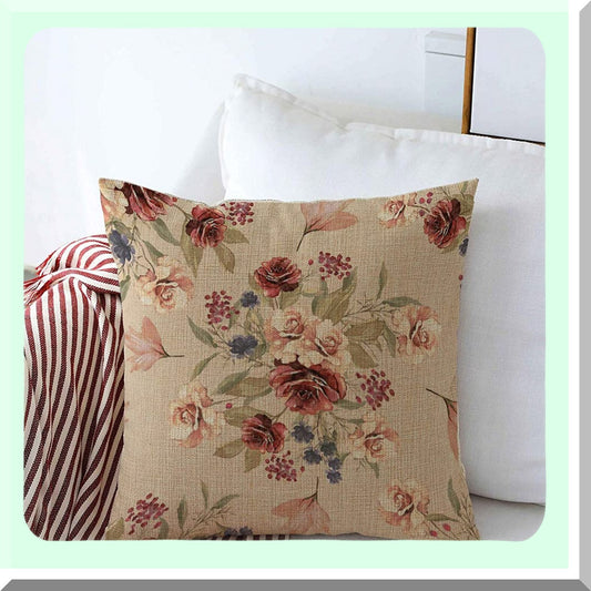 Vintage Botanical Linen Floral Throw Pillow Cover - Beige Burgundy Square Cushion Case - Modern Farmhouse Decor - Watercolor Flowers Leaves Pattern - Sofa Bedroom Car - 18x18 Inch
