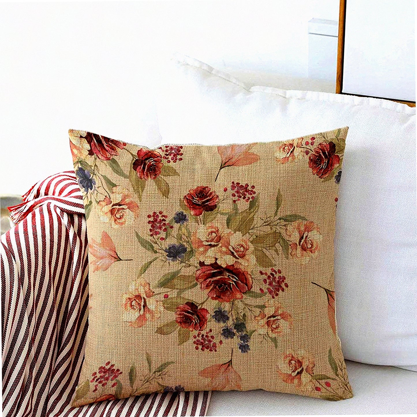 Vintage Botanical Linen Floral Throw Pillow Cover - Beige Burgundy Square Cushion Case - Modern Farmhouse Decor - Watercolor Flowers Leaves Pattern - Sofa Bedroom Car - 18x18 Inch