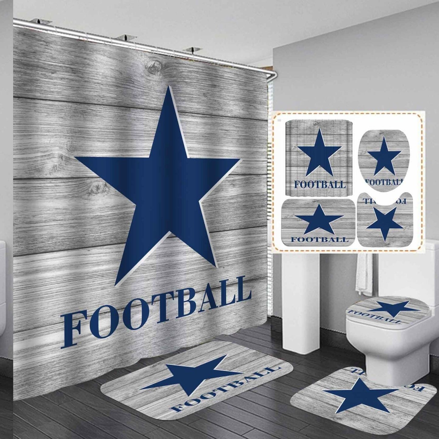 4PCS Navy Blue Texas Star Fabric Shower Curtain and Bath Rugs Set