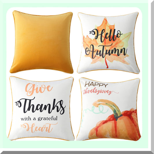 Autumn Harvest Velvet Pillow Covers - Set of 4 18x18Inch Orange Fall Decorative Cushion Cases for Sofa Couch Living Room Bedroom - Hello Autumn Thanksgiving Theme