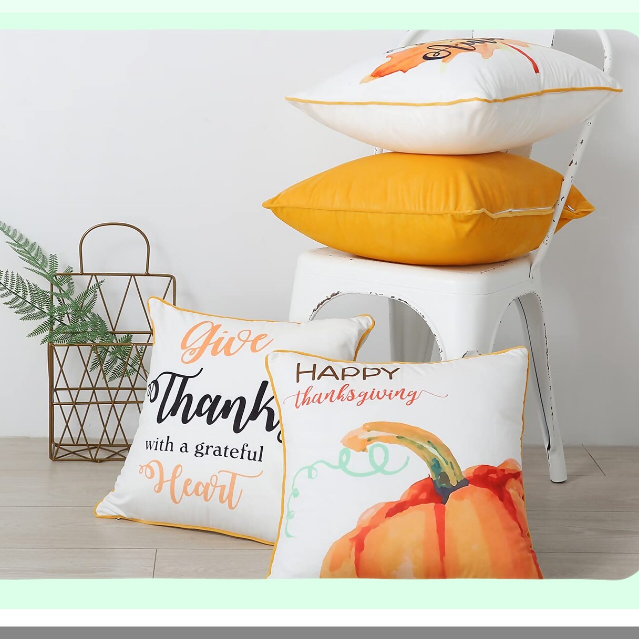 Autumn Harvest Velvet Pillow Covers - Set of 4 18x18Inch Orange Fall Decorative Cushion Cases for Sofa Couch Living Room Bedroom - Hello Autumn Thanksgiving Theme