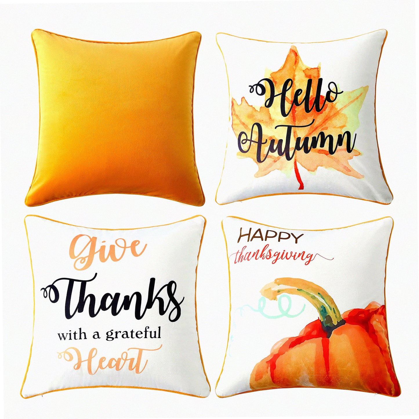 Autumn Harvest Velvet Pillow Covers - Set of 4 18x18Inch Orange Fall Decorative Cushion Cases for Sofa Couch Living Room Bedroom - Hello Autumn Thanksgiving Theme