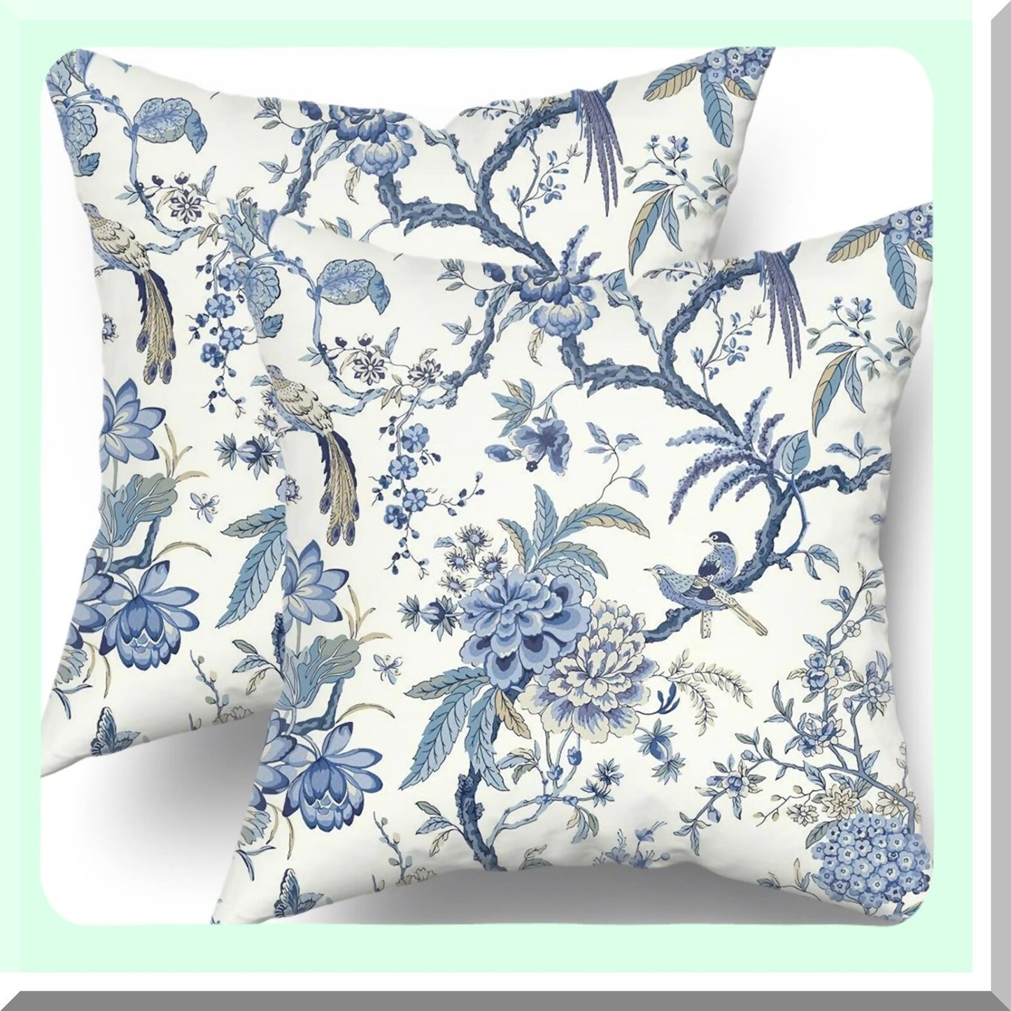 Blue Bird Chinoiserie Outdoor Pillow Set - 18x18 Inch Square Cushion Cover for Bedroom, Living Room, Sofa - Decorative Throw Pillows for Couch & Bed