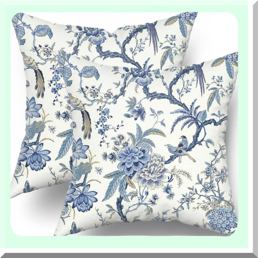 Blue Bird Chinoiserie Outdoor Pillow Set - 18x18 Inch Square Cushion Cover for Bedroom, Living Room, Sofa - Decorative Throw Pillows for Couch & Bed