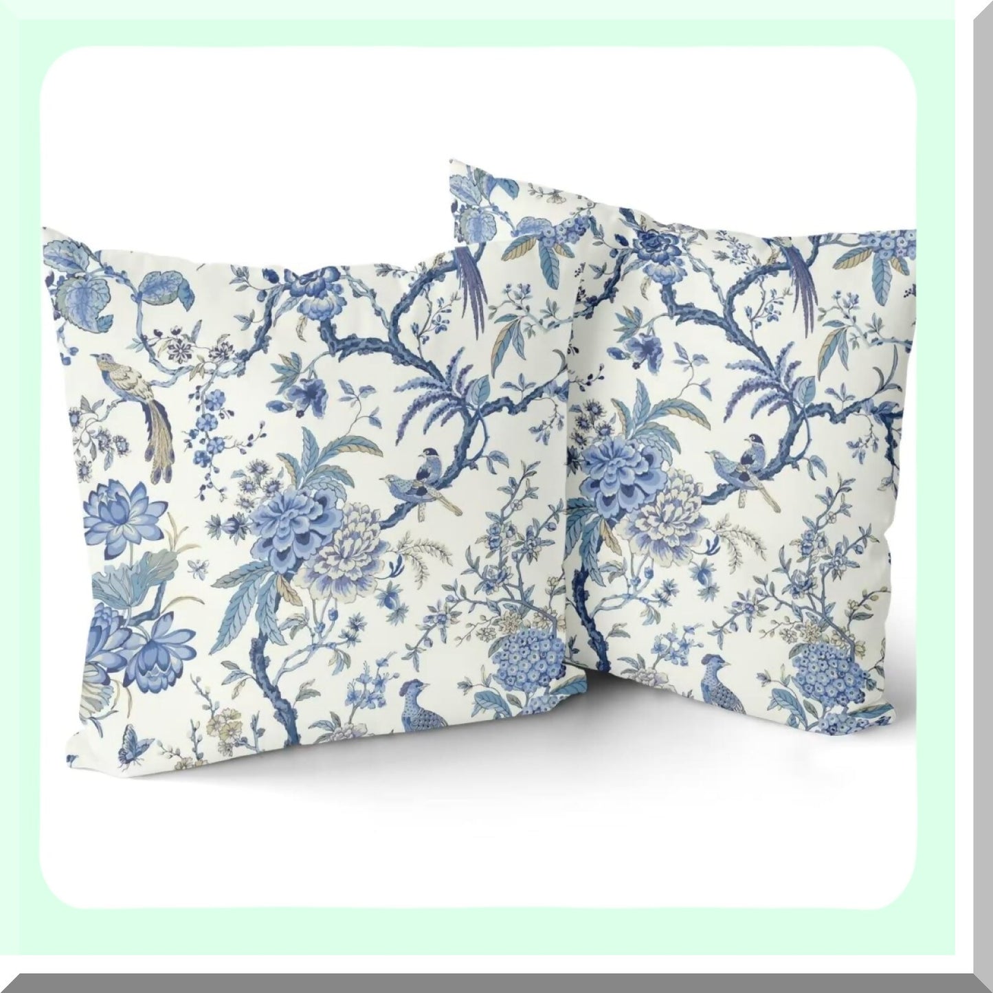 Blue Bird Chinoiserie Outdoor Pillow Set - 18x18 Inch Square Cushion Cover for Bedroom, Living Room, Sofa - Decorative Throw Pillows for Couch & Bed