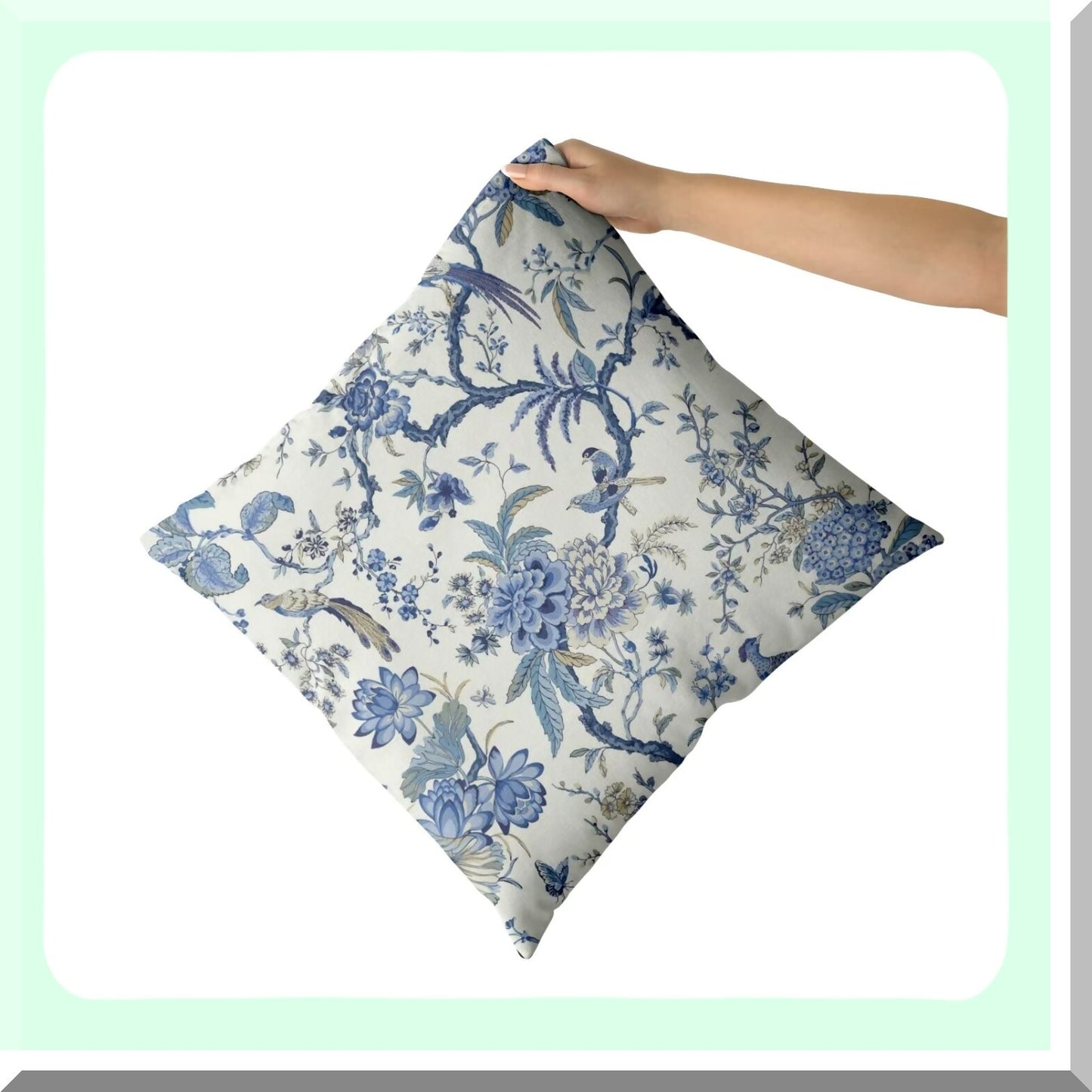 Blue Bird Chinoiserie Outdoor Pillow Set - 18x18 Inch Square Cushion Cover for Bedroom, Living Room, Sofa - Decorative Throw Pillows for Couch & Bed