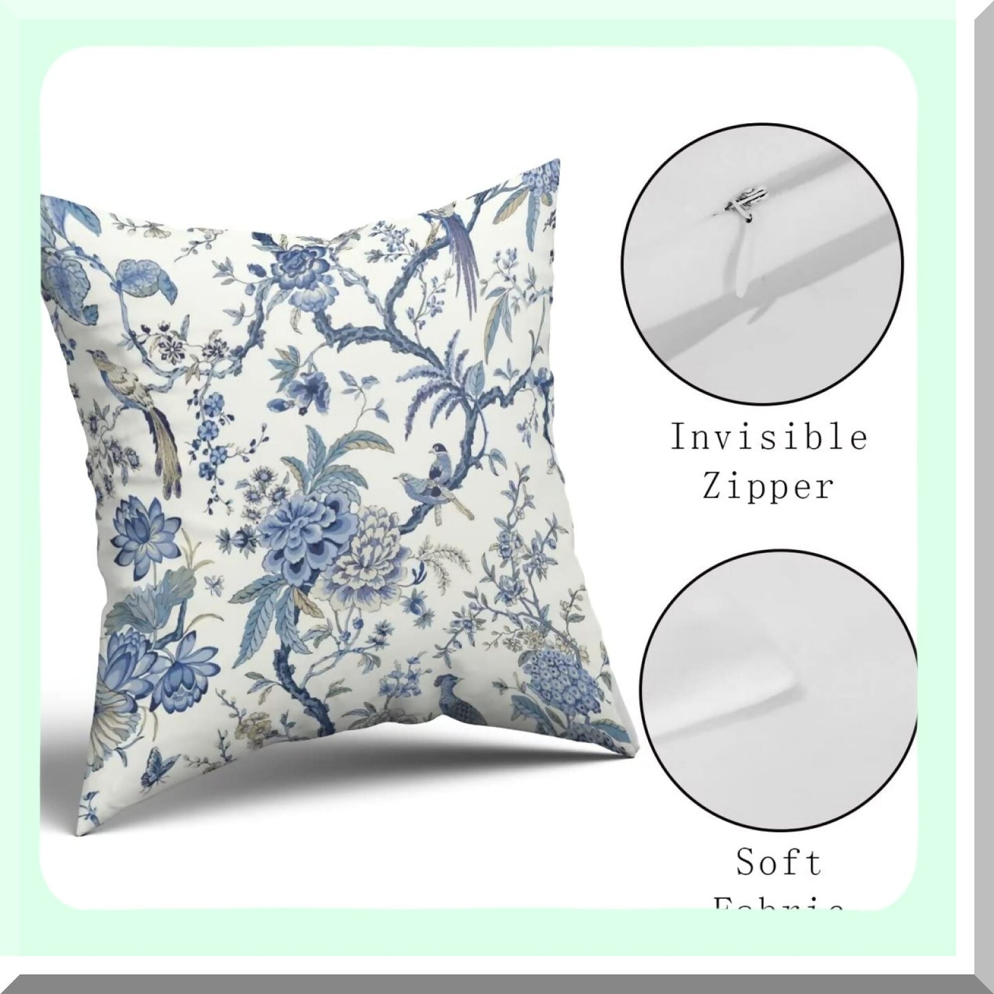 Blue Bird Chinoiserie Outdoor Pillow Set - 18x18 Inch Square Cushion Cover for Bedroom, Living Room, Sofa - Decorative Throw Pillows for Couch & Bed