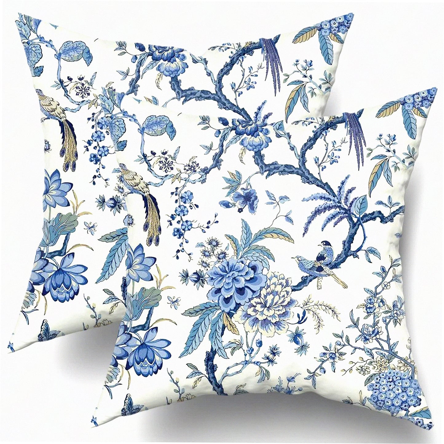 Blue Bird Chinoiserie Outdoor Pillow Set - 18x18 Inch Square Cushion Cover for Bedroom, Living Room, Sofa - Decorative Throw Pillows for Couch & Bed