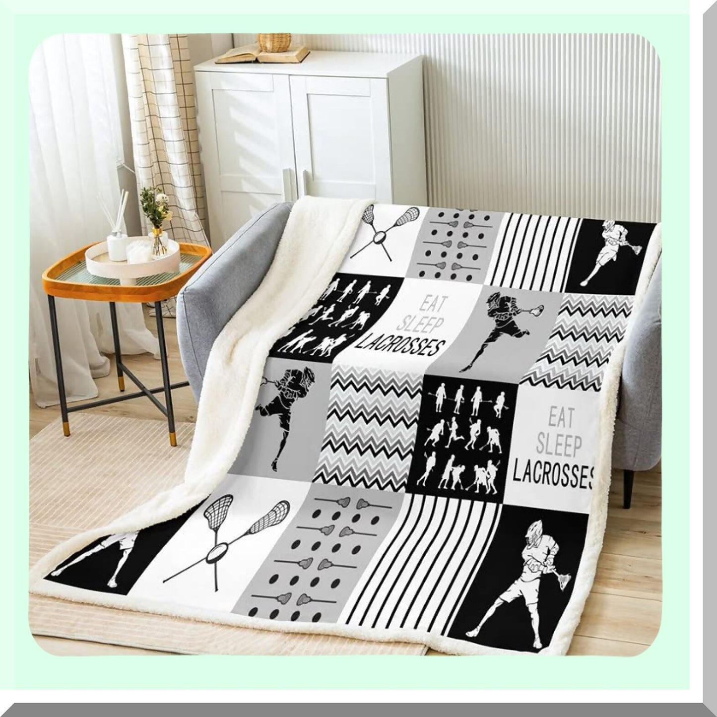 Lacrosse Dream Fleece Throw - Cozy Sherpa Blanket for Lacrosse Lovers, 50"x60" Black & White Plush Blanket, Perfect Sports Game Gift, Decorative and Fuzzy Comfort