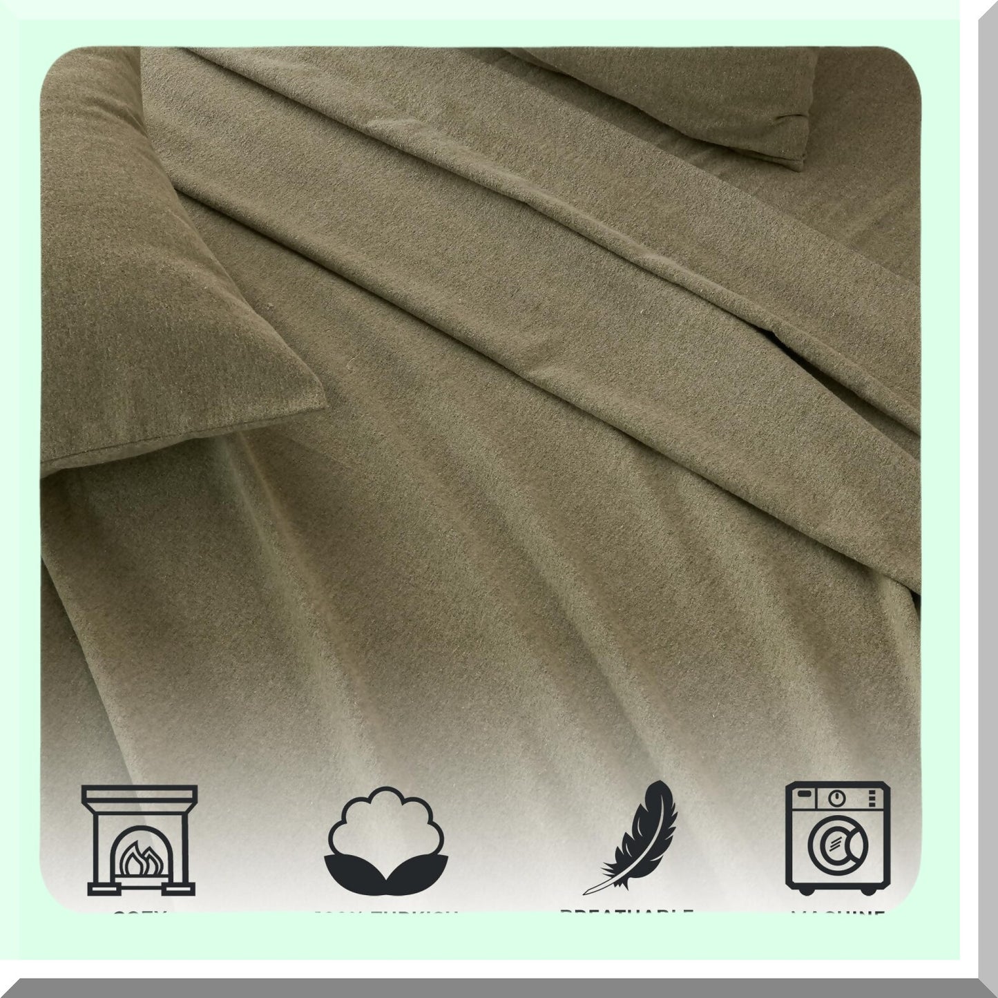 Olive Bliss Cotton Blend Flannel Sheet Set - Queen Size | 4 Piece Bedding Set with Pillowcases | Double Brushed for Softness | Heathered Olive Color | Warm and Cozy Sheets