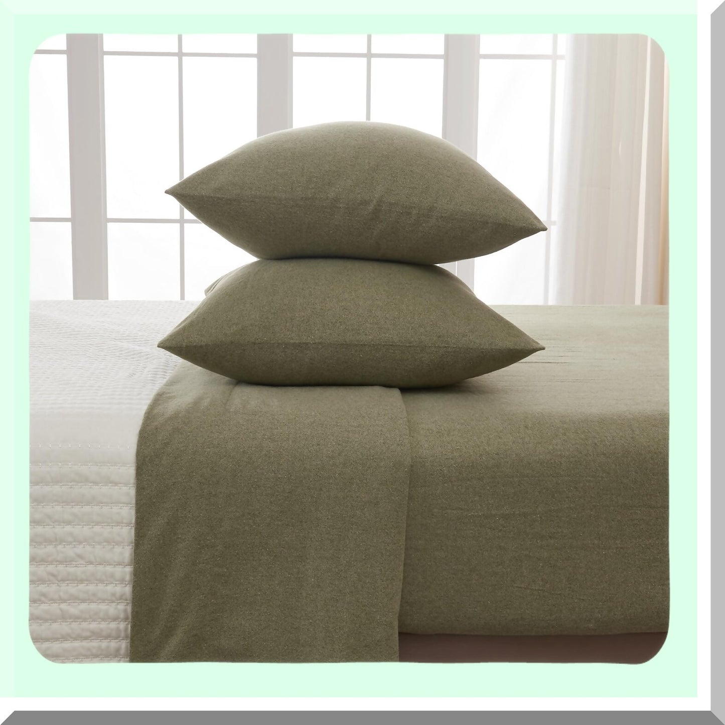 Olive Bliss Cotton Blend Flannel Sheet Set - Queen Size | 4 Piece Bedding Set with Pillowcases | Double Brushed for Softness | Heathered Olive Color | Warm and Cozy Sheets
