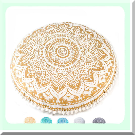 Boho Chic Round Floor Cushion Cover - Hand Printed Meditation Pillow Case for Yoga Decor - Cotton Pouf Insert Not Included