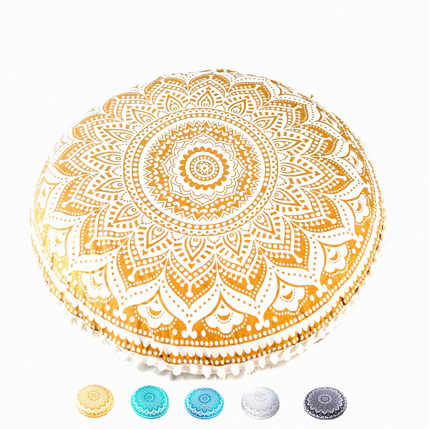 Boho Chic Round Floor Cushion Cover - Hand Printed Meditation Pillow Case for Yoga Decor - Cotton Pouf Insert Not Included