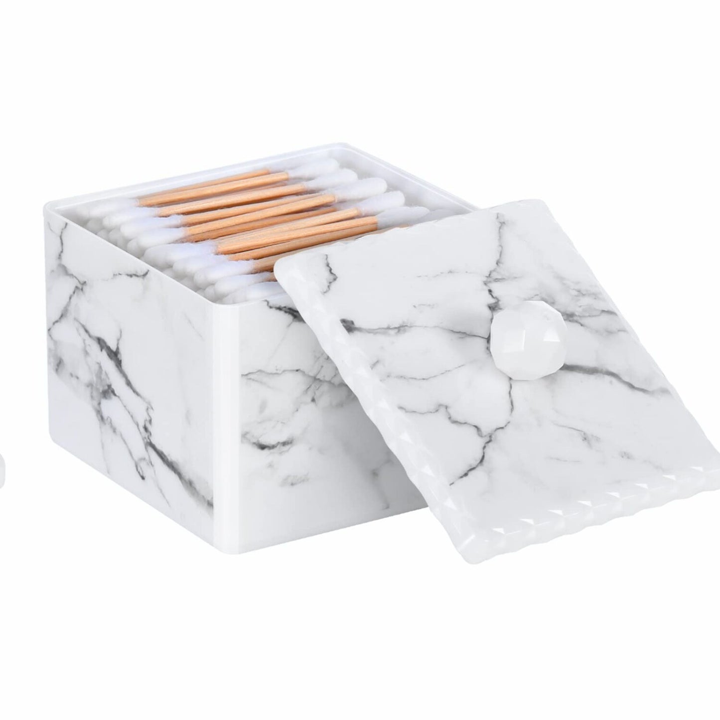 Cotton Swab Storage Box with Lid Marble White