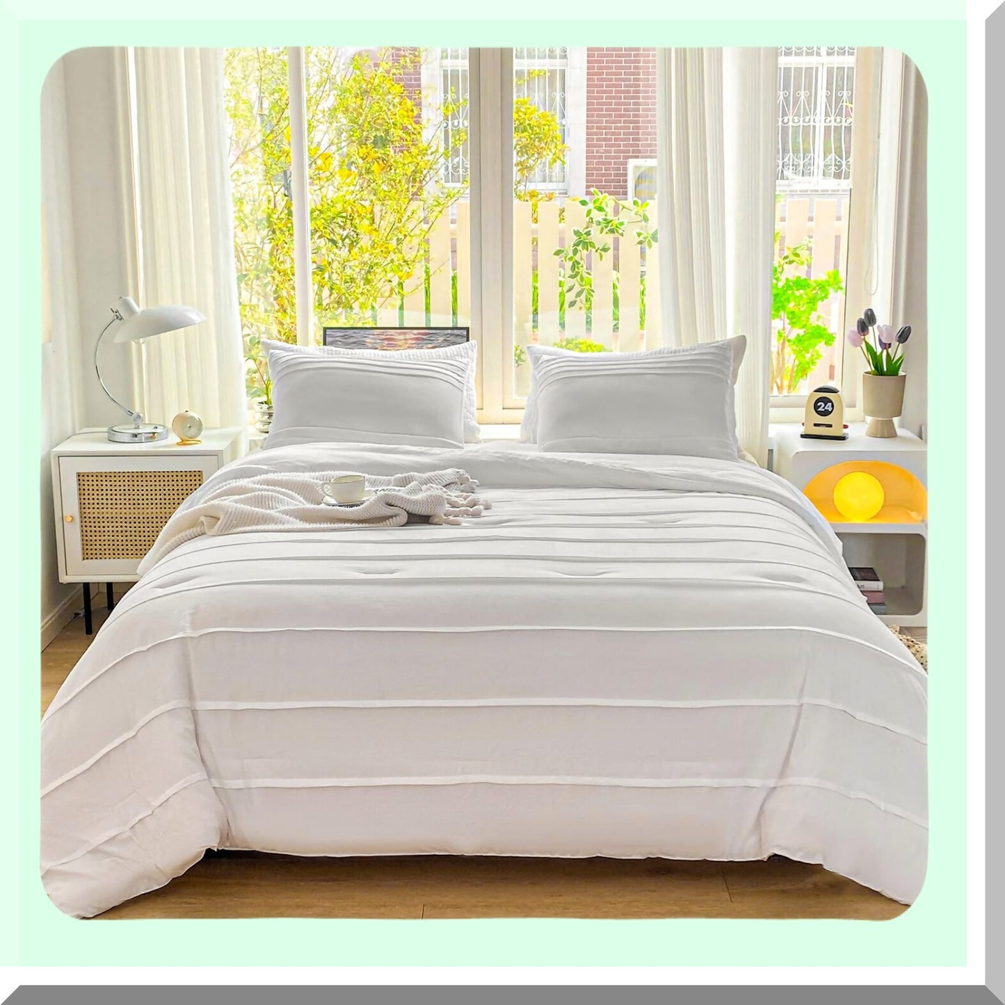 Boho Bliss White Comforter Set - Queen Size 3-Piece Bedding Bundle with Textured Pleats, Soft Microfiber Fluffiness, and Striped Down Alternative Fill.